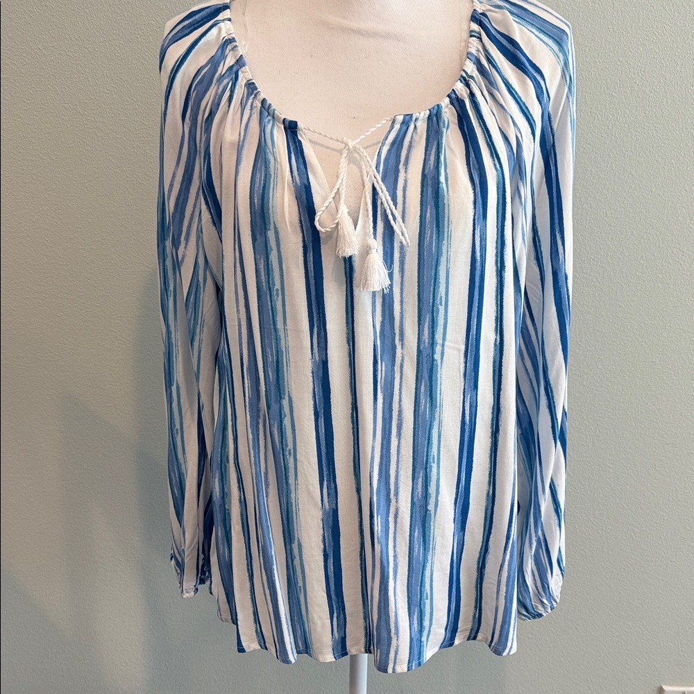 Elegant Striped Blouse with Tassel Detail